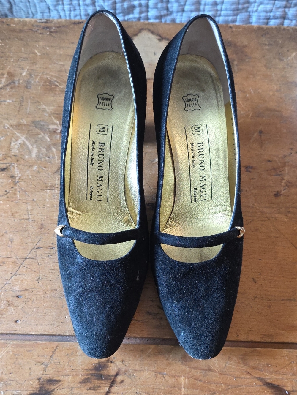 Bruno Magli Black Suede 2 3/4" Heels with Gold Accent